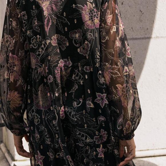NWT Zara Chiffon Dark Floral Tiered Women’s Medium Black Long Sleeves Whimsical - Picture 2 of 9